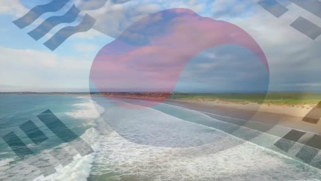Animation-Der-Flagge-Südkoreas,-Die-über-Der-Strandlandschaft,-Dem-Meer-Und-Dem-Wolkenverhangenen-Blauen-Himmel-Weht