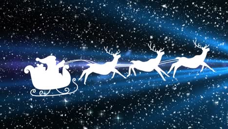 Animation-of-santa-claus-in-sleigh-with-reindeer-over-snow-falling-and-glowing-star