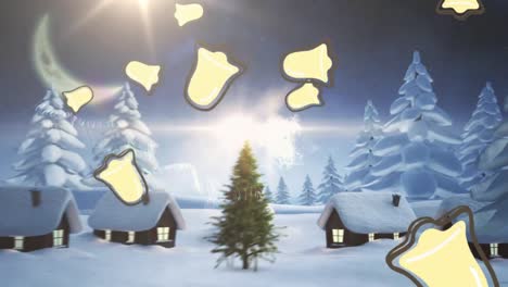 Animation-of-happy-holiday-text-over-winter-village-view