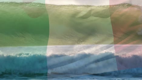 Animation-of-flag-of-italy-blowing-over-crashing-waves-in-sea