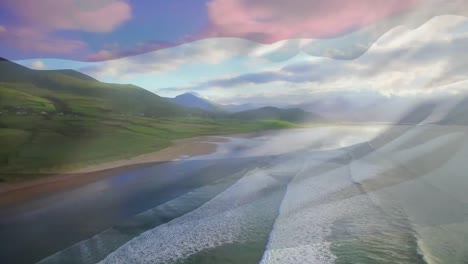 Animation-Der-Flagge-Der-Niederlande,-Die-über-Der-Strandlandschaft-Und-Dem-Wolkenverhangenen-Blauen-Himmel-Weht