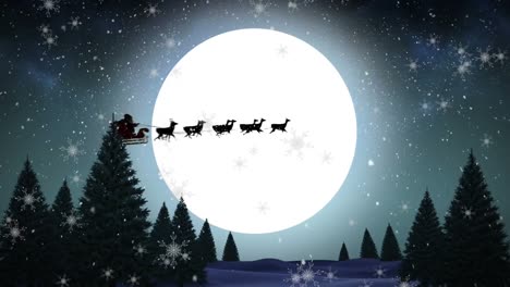 Animación-De-Santa-Claus-En-Trineo-Con-Renos-Sobre-Nieve-Cayendo-Y-Luna-Sobre-Fondo-Azul