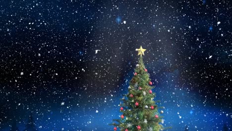 Snow-falling-over-christmas-tree-against-shining-blue-stars-in-the-night-sky