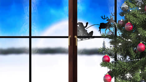 Animation-Des-Weihnachtsmanns-Im-Schlitten-Mit-Rentieren,-Gesehen-Durch-Fenster-Und-Weihnachtsbaum