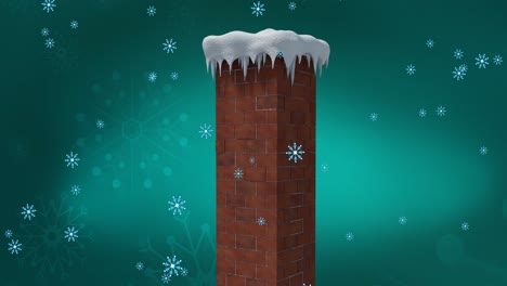 Snowflakes-falling-over-snow-covered-brick-wall-chimney-against-snowflakes-on-green-background