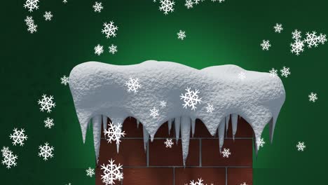 Snowflakes-falling-over-snow-covered-brick-wall-chimney-against-green-background