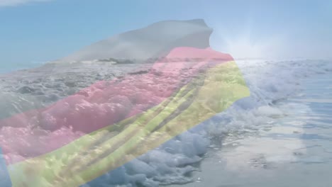 Animation-Der-Flagge-Deutschlands,-Die-über-Wellen-Im-Meer-Und-Am-Sonnigen-Blauen-Himmel-Weht