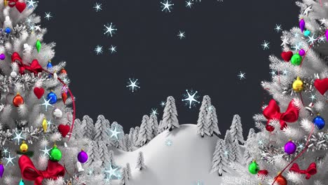 Animation-of-snow-falling-over-christmas-trees-and-winter-scenery