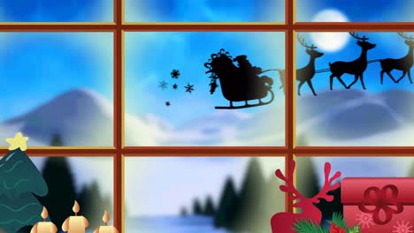 Animation-of-santa-claus-in-sleigh-with-reindeer-seen-through-window-and-christmas-decoration