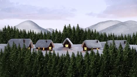 Schnee-Fällt-über-Die-Winterlandschaft-Mit-Bäumen-Und-Häusern-Vor-Wolken-Am-Himmel