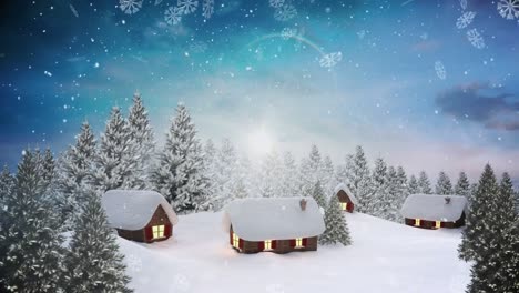 Snowflakes-falling-over-multiple-houses-and-trees-on-winter-landscape-against-blue-sky