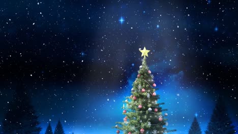 Animation-of-snow-falling-over-christmas-tree-and-glowing-stars-on-blue-sky