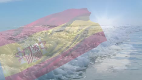 Animation-of-flag-of-spain-blowing-over-crashing-waves-in-sea-with-sunny-blue-sky