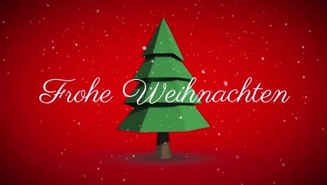 Frohe-weihnachten-text-and-snow-falling-against-spinning-christmas-tree-icon-on-red-background