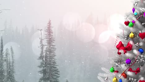 Animation-Von-Schnee,-Der-über-Lichtpunkte,-Weihnachtsbaum-Und-Winterlandschaft-Fällt