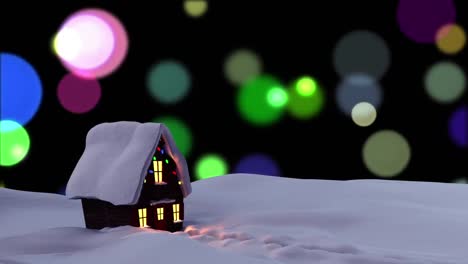 Snow-covered-house-on-winter-landscape-against-colorful-spots-of-light-on-black-background