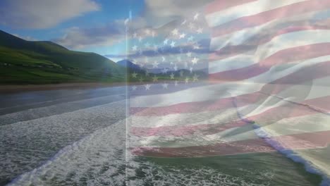 Digitale-Komposition-Der-Schwenkenden-US-Flagge-Vor-Der-Luftaufnahme-Des-Strandes-Und-Der-Meereswellen