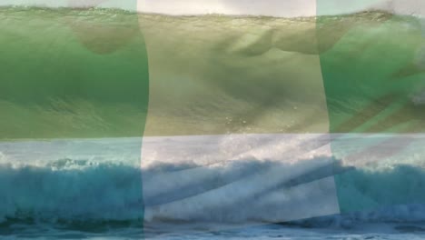 Digitale-Komposition-Der-Schwenkenden-Nigeria-Flagge-Gegen-Wellen-Im-Meer