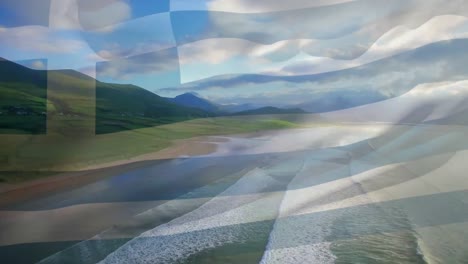 Digitale-Komposition-Der-Wehenden-Griechischen-Flagge-Vor-Der-Luftaufnahme-Des-Strandes-Und-Der-Meereswellen