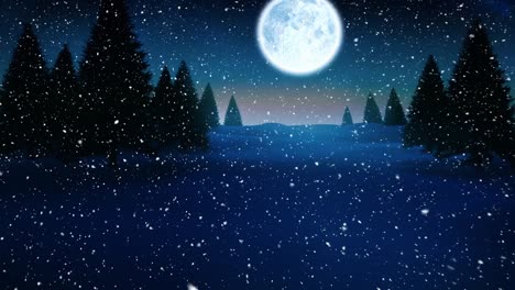 Animación-De-Nieve-Cayendo-Sobre-Abetos,-Luna-Y-Paisaje-Invernal