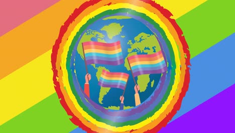 Animation-Von-Regenbogenfahnen-Mit-Globus-über-Regenbogenstreifen