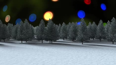 Animation-of-glowing-fairy-lights-flickering-over-fir-trees-and-winter-landscape