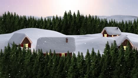 Animation-Von-Schnee,-Der-über-Häuser-Fällt,-Und-Winterlandschaft-Mit-Tannenbäumen