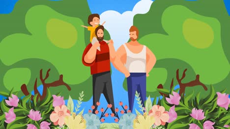 Animation-of-happy-two-fathers-holding-child-over-nature-scenery