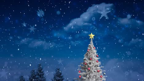 Snow-falling-over-christmas-trees-on-winter-landscape-against-night-sky