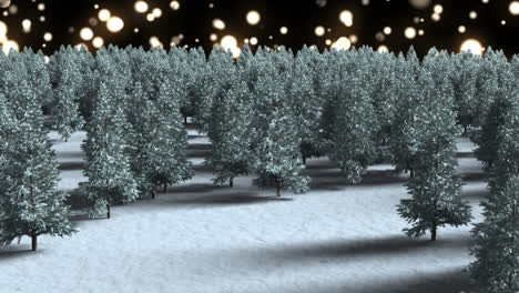 Animation-of-glowing-spots-falling-over-fir-trees-and-winter-landscape