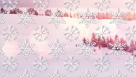 Animation-of-snowflake-pattern-moving-over-spots-of-light-and-winter-scenery