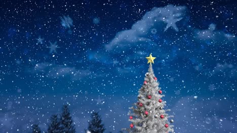 Animation-of-snow-falling-over-winter-scenery-with-christmas-tree