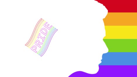 Animation-Des-Profils-Eines-Menschlichen-Kopfes-Und-Stolztextes-Auf-Der-Flagge-über-Regenbogenstreifen