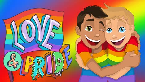 Animation-of-love-and-pride-text-and-two-diverse-happy-boys-hugging-over-rainbow-colors-background
