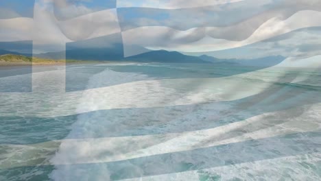 Digital-composition-of-waving-greece-flag-against-aerial-view-of-sea-waves