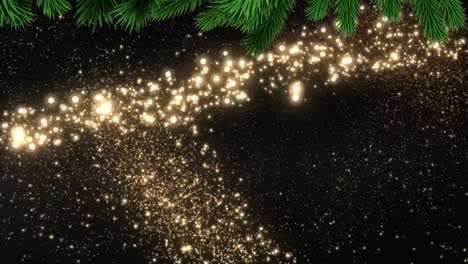 Animation-Einer-Sternschnuppe,-Die-Sich-über-Eine-Tannenbaum-Weihnachtsdekoration-Auf-Schwarzem-Hintergrund-Bewegt
