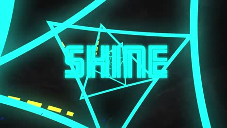 Animation-of-shine-text-in-white-and-yellow-letters-on-abstract-shapes-background