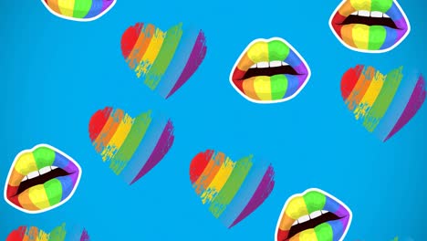 Animation-of-and-rainbow-sunglasses-and-mouths-on-blue-background