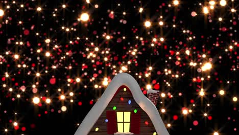 Animation-of-glowing-spots-of-light-over-house-decorated-with-fairy-lights-on-black-background