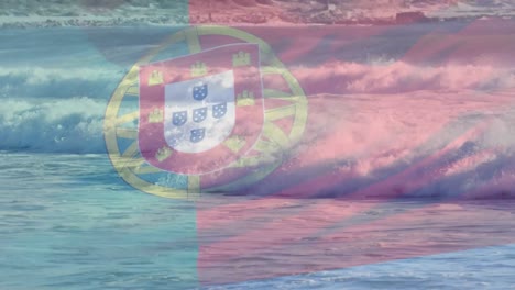 Digitale-Komposition-Der-Wehenden-Portugiesischen-Flagge-Gegen-Wellen-Im-Meer