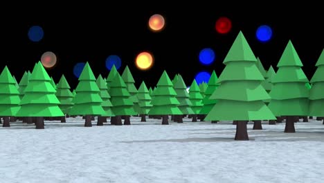 Multiple-trees-on-winter-landscape-against-colorful-spots-of-light-on-black-background