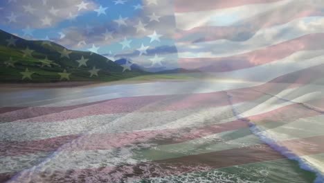 Composición-Digital-De-Ondear-La-Bandera-Estadounidense-Contra-La-Vista-Aérea-De-La-Playa-Y-Las-Olas-Del-Mar