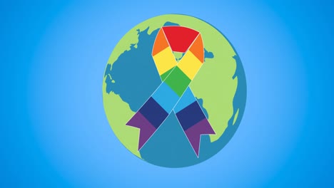 Animation-of-rainbow-ribbon-with-globe-on-blue-background