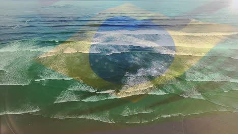 Digitale-Komposition-Der-Wehenden-Brasilianischen-Flagge-Vor-Der-Luftaufnahme-Der-Wellen-Im-Meer