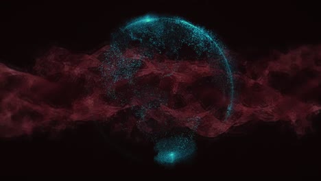 Digital-animation-of-red-digital-wave-over-globe-spinning-against-black-background