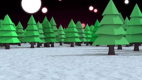 Multiple-trees-on-winter-landscape-against-spots-of-light-falling-on-black-background