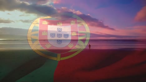 Animación-De-La-Bandera-De-Portugal-Ondeando-Sobre-El-Paisaje-De-La-Playa.