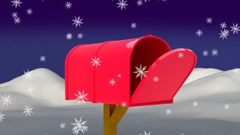 Snowflakes-falling-over-red-mail-box-on-winter-landscape-against-blue-background