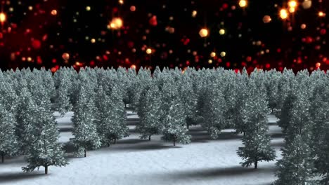 Multiple-trees-on-winter-landscape-against-red-spots-of-light-floating-on-black-background