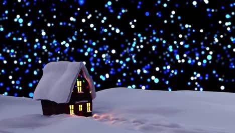Snow-covered-house-on-winter-landscape-against-blue-spots-of-light-floating-on-black-background